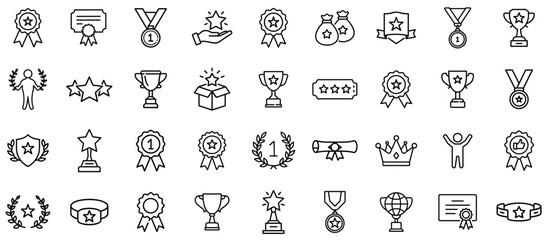 Award and Achievement Icons Set &ndash; Medals, Trophies, Certificates, Badges, Stars, Recognition, Victory, Success, Winning, Champion Prizes, and Honor Symbol Line Icons