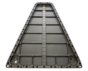 Aircraft wing panel showcasing rivets and reinforcements on a transparent background