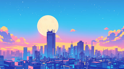 幻想的な満月が浮かぶ都会の夜景・ネオンカラーが美しい1980年代風レトロポップ都市風景イラスト・青とピンクの鮮やかな色彩・ノスタルジックでエモーショナルな夜の街・未来的な都市背景素材
