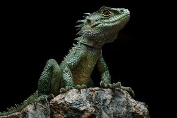 Obraz premium Chinese water dragon perched, bright green scaly body, hyper-detailed textures, isolated.