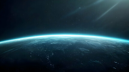 Obraz premium Blue Planet Earth Orbiting In Outer Space Showing Starry Galaxy Background With Dramatic Light