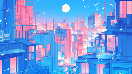 ピンクとブルーのレトロポップなネオンが輝く満月の夜景都市風景・1980年代風のノスタルジックで幻想的なイラスト・美しい夜空と都会の街並み・エモーショナルな未来都市背景素材・夜景イメージ