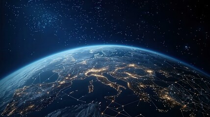 Obraz premium A stunning view of Earth from space, showcasing illuminated cities under a starry night sky.