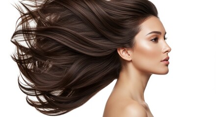 A Hispanic woman with long hair and flawless skin posing in a studio closeup for shampoo product advertising