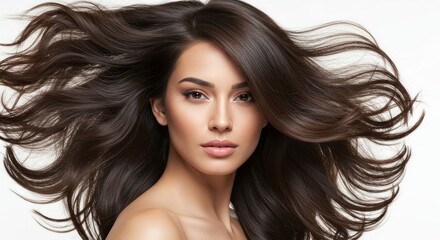 Obraz premium A Hispanic woman with long hair and flawless skin posing in a studio closeup for shampoo product advertising