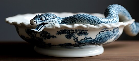 Fototapeta premium A porcelain snake curls within a beautifully decorated ceramic bowl
