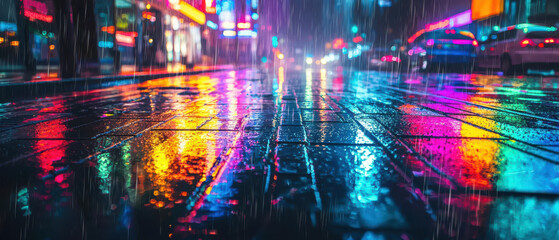 Naklejka premium A vibrant city street glistens with colorful reflections from neon lights during a rainy night, creating a captivating urban atmosphere.