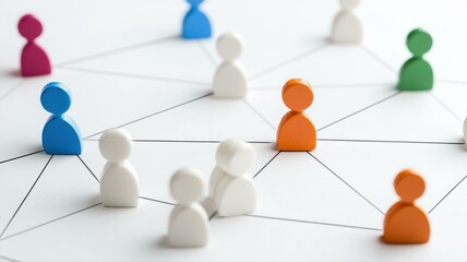 Fototapeta premium Colorful network of wooden figures symbolizing connections and collaboration in a team environment.