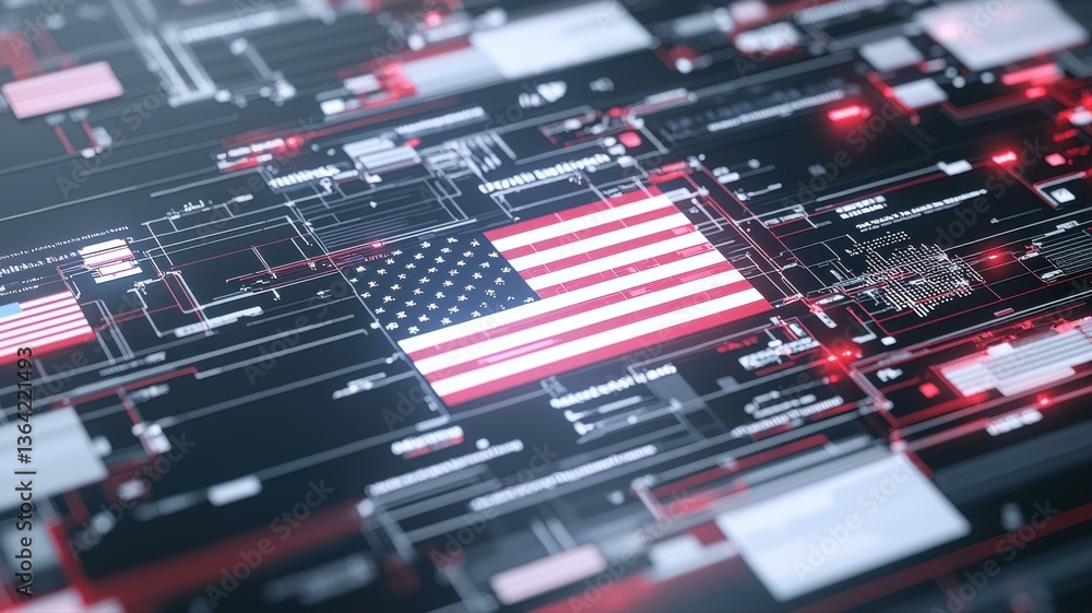 Poster digital representation of a usa flag integrated into a futuristic tech circuit board background.