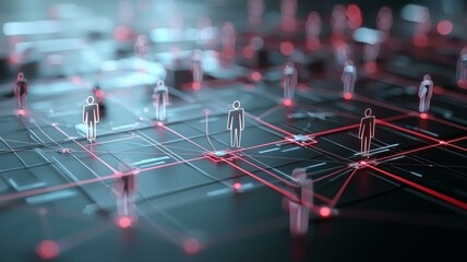Digital network illustration with interconnected figures and red lines symbolizing data flow in a tech landscape.