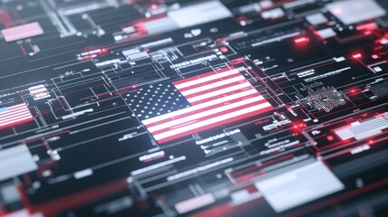Digital representation of a USA flag integrated into a futuristic tech circuit board background.