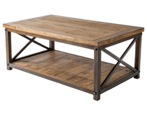Rustic coffee table with a sturdy wooden top on a transparent background