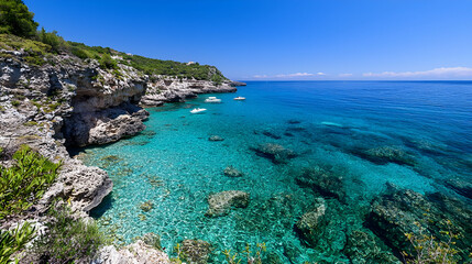 Fototapeta premium Scenic coastal view of crystal clear turquoise water meeting rocky shore under bright blue sky
