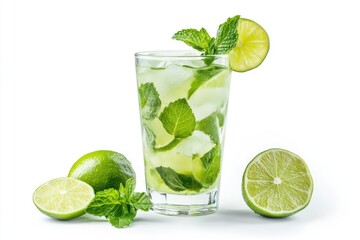 Classic mojito in a highball glass, fresh lime wedges and muddled mint leaves, isolated.