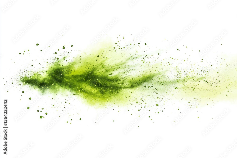 Poster vibrant green powder explosion on white background. a dynamic display of green powder particles in m