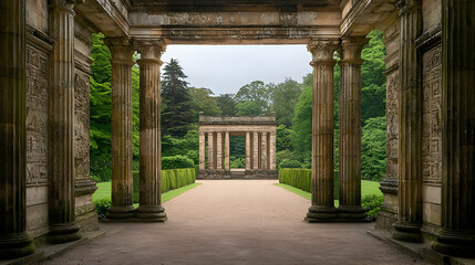 Stone Colonnade Pathway Leading To A Classical Structure in A Lush Green Garden on A Cloudy Day