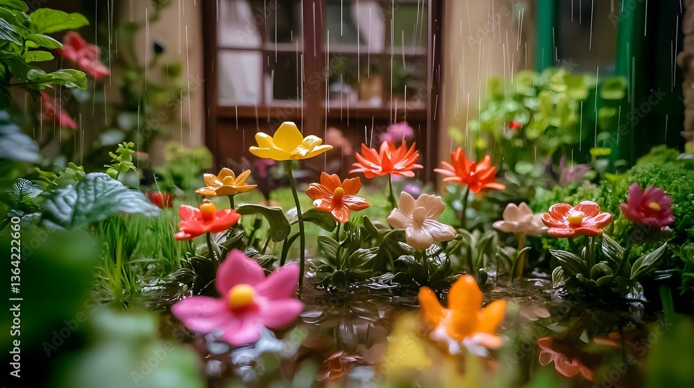 Aufkleber captivating garden landscape under mesmerizing rainfall with vibrant plants reflective waters and in