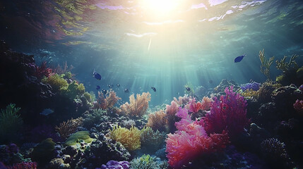 Naklejka premium Vibrant coral reef underwater, sun rays illuminating colorful corals and fish, peaceful ocean scene, perfect for nature documentaries or travel brochures