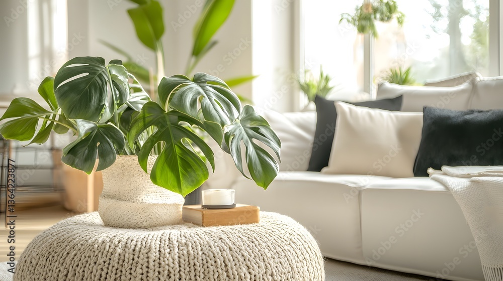 Poster a cinematic and stylish home setting where monstera leaves act as the focal point adding a tropical 