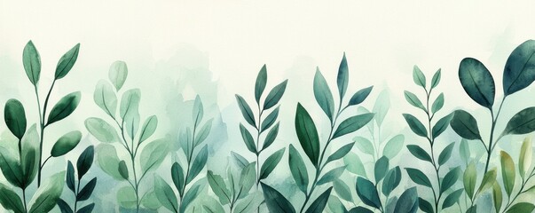 A serene watercolor illustration of lush green leaves in various shades.