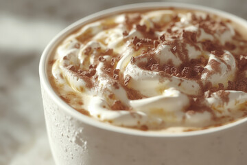 Steaming cup of hot chocolate topped with fluffy whipped cream on a cozy winter evening, surrounded by festive decorations and soft glowing lights.