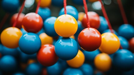 Naklejka premium Colorful bouncing balls in mid-air demonstrating gravity and motion dynamics, physics concept of elasticity and kinetic energy in action.