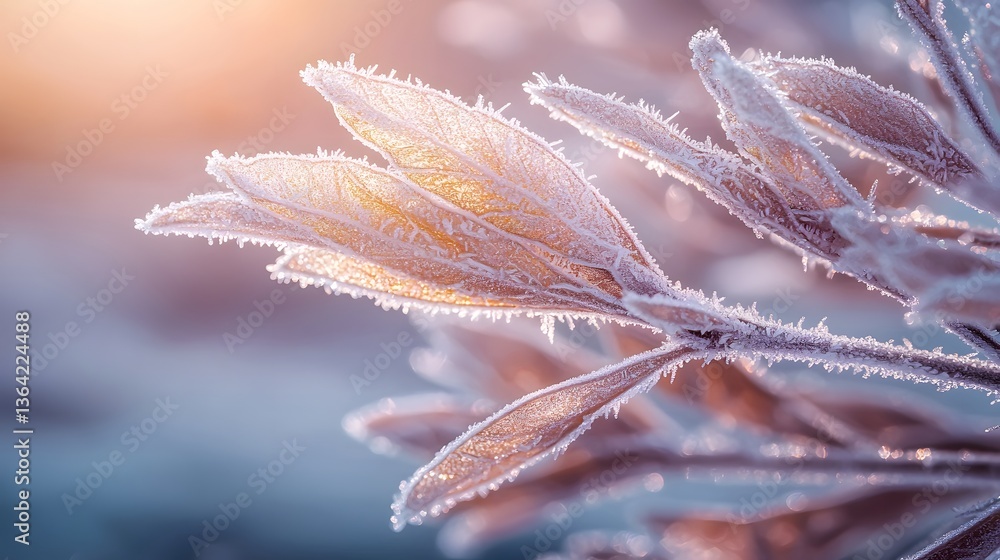 Poster Enchanting wintry landscape showcasing the mesmerizing transition between autumn and winter with frost covered branches shimmering ice crystals and the last traces of golden foliage beneath a soft