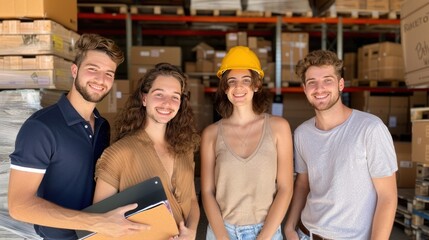 Young Diverse Team Smiling in Warehouse with Boxes and Construction Helmet, Joyful Workers in Storage Setting with Supplies Around Them