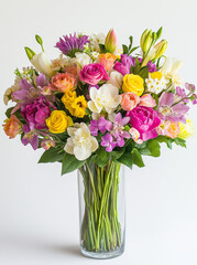 High-Resolution Photograph of a Colorful Pink and Yellow Flower Arrangement in a Vase, Isolated on a White Background with No Shadows, Green Leaves, or Ribbons, Featuring Professional
