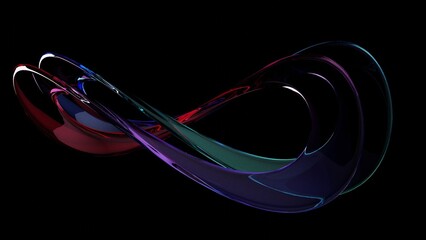 3d render abstract Curved Shapes Shimmer With Iridescent Hues on dark background, Colorful Transparent glossy glass with dispersion.