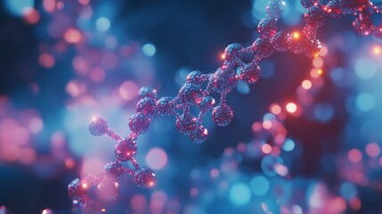 Glowing DNA helix, particles background, science, research