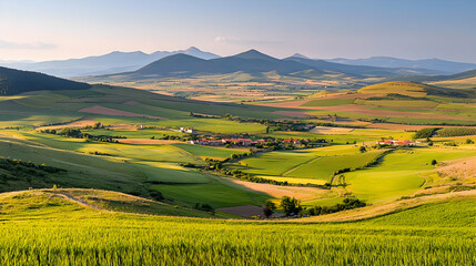 Obraz premium Expansive Valley And Vineyard Landscape Under Sunny Sky With Rolling Hills And Remote Village