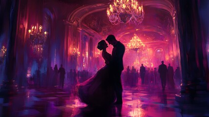 Couple dancing elegantly, dressed in formal attire, vibrant lights and decorative architecture creating a romantic atmosphere.