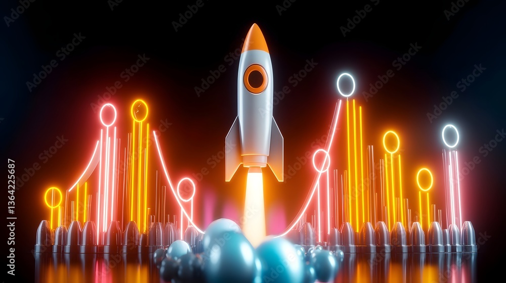 Aufkleber an electrifying startup success showcasing a powerful space rocket launching beside an upward trendi
