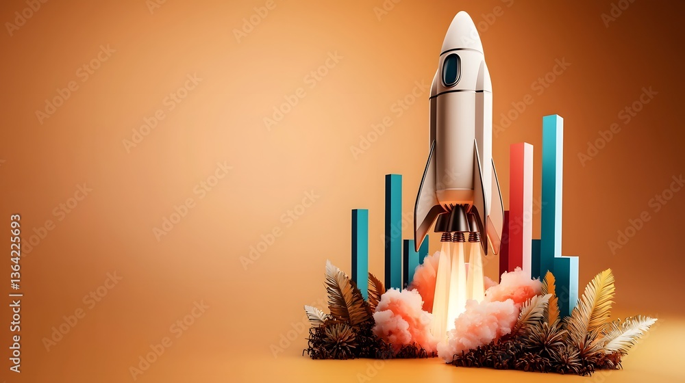 Aufkleber futuristic digital depicting a rocket spacecraft launching alongside an ascending bar chart set agai