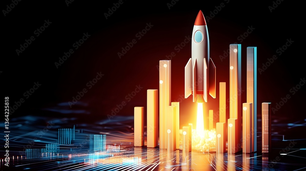Leinwandbilder a futuristic digital depicting a neon rocket launching from a glowing bar graph set against a dark c