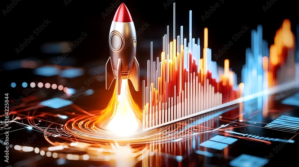 Poster cinematic depicting a high speed rocket blasting off along a sharply rising financial graph with viv