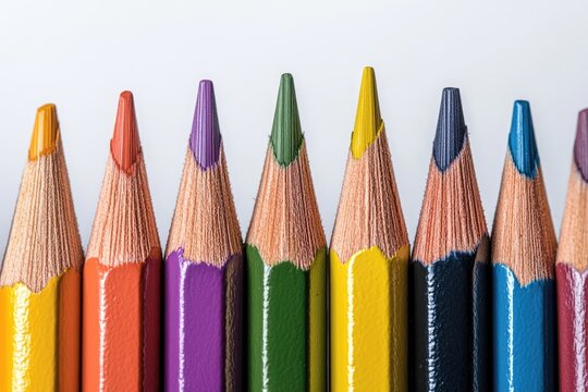 Colored pencils neatly arranged in a row.