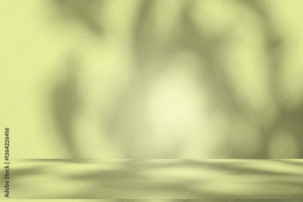 Aufkleber Wall interior background, studio and backdrops show products. with leaf shadow from window color green and white. background for text insertion and presentation of product	