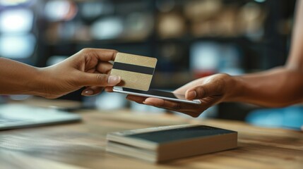 Close-up hands making contactless payment using gold credit card smartphone, transaction is taking place in modern retail environment, symbolizing digital transactions, cashless payments, modern.
