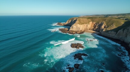 An aerial scenic view of a coastal cliffside with turquoise waters below, waves crashing against rocky shores, and clear skies above