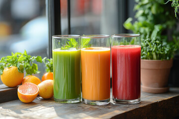 Fototapeta premium Three glasses of juice on a wooden table, with sliced fruits and a pitcher in the background. Bright and refreshing.