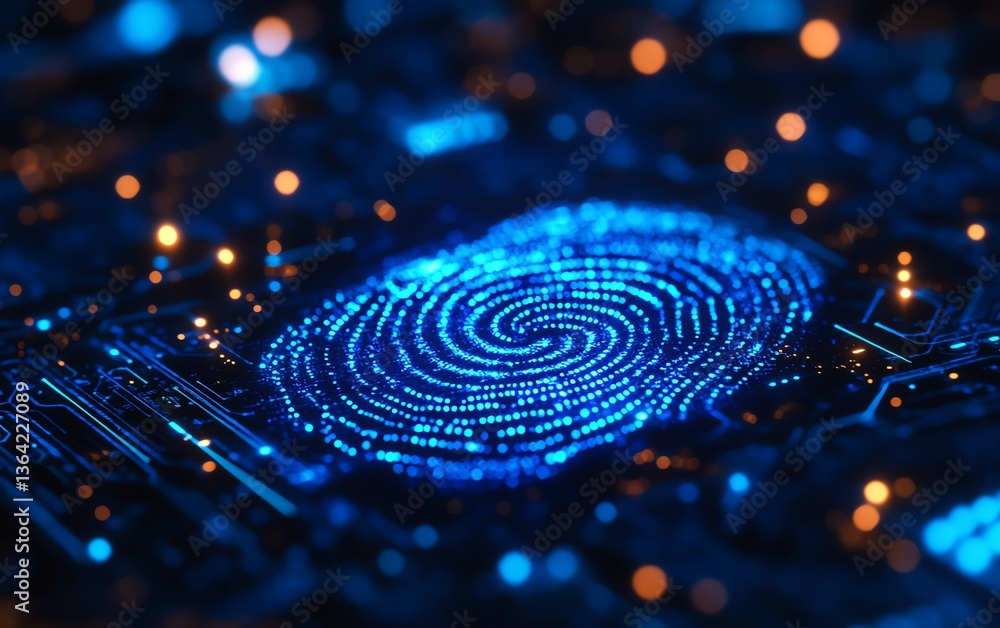 Poster a vibrant digital blue fingerprint with shimmering lights, illuminated on a dark backdrop, glowing c