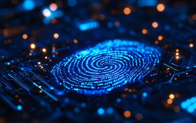 A vibrant digital blue fingerprint with shimmering lights, illuminated on a dark backdrop, glowing circuits and data streams, futuristic and abstract, hightech cyber aesthetic
