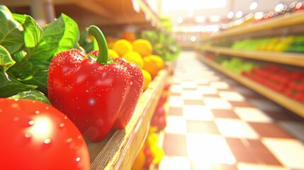 Virtual grocery store featuring fresh produce under bright lighting. Digital payment system powered by biometric crypto wallets enables seamless transactions in a futuristic metaverse-inspired.