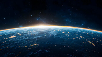 Fototapeta premium Blue Planet Earth Illuminated From Space With City Lights And Golden Sunrise Horizon