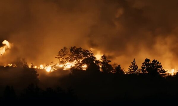 large flames of forest fire at night