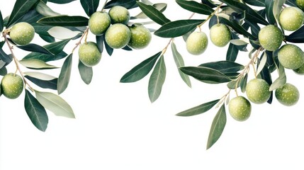 A bunch of green olives hanging from a tree