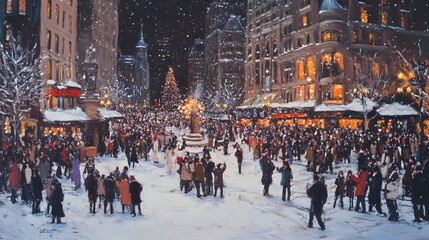 Obraz premium Busy winter marketplace, diverse crowd enjoying festivities, surrounded by holiday lights, vibrant atmosphere, perfect for seasonal promotions.
