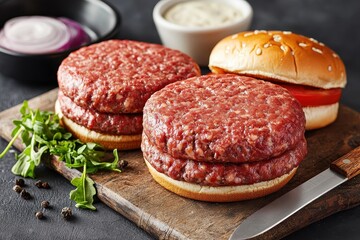 Obraz premium Fresh raw hamburger patties on a wooden cutting board, accompanied by a burger bun, lettuce, and onion, ready for grilling or cooking.